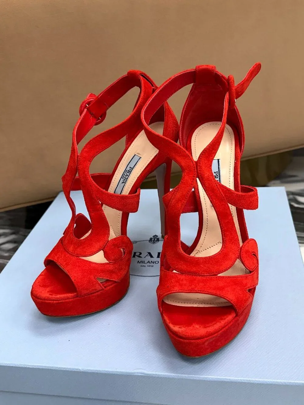 Prada Red Suede Platform Heels Strappy Sandals Stiletto Ankle Strap Size 37 - Picture 2 of 14